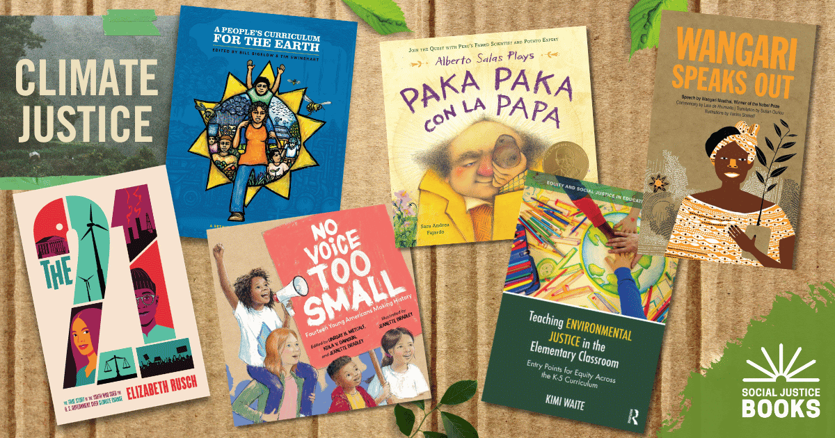 climate justice books on cardboard background