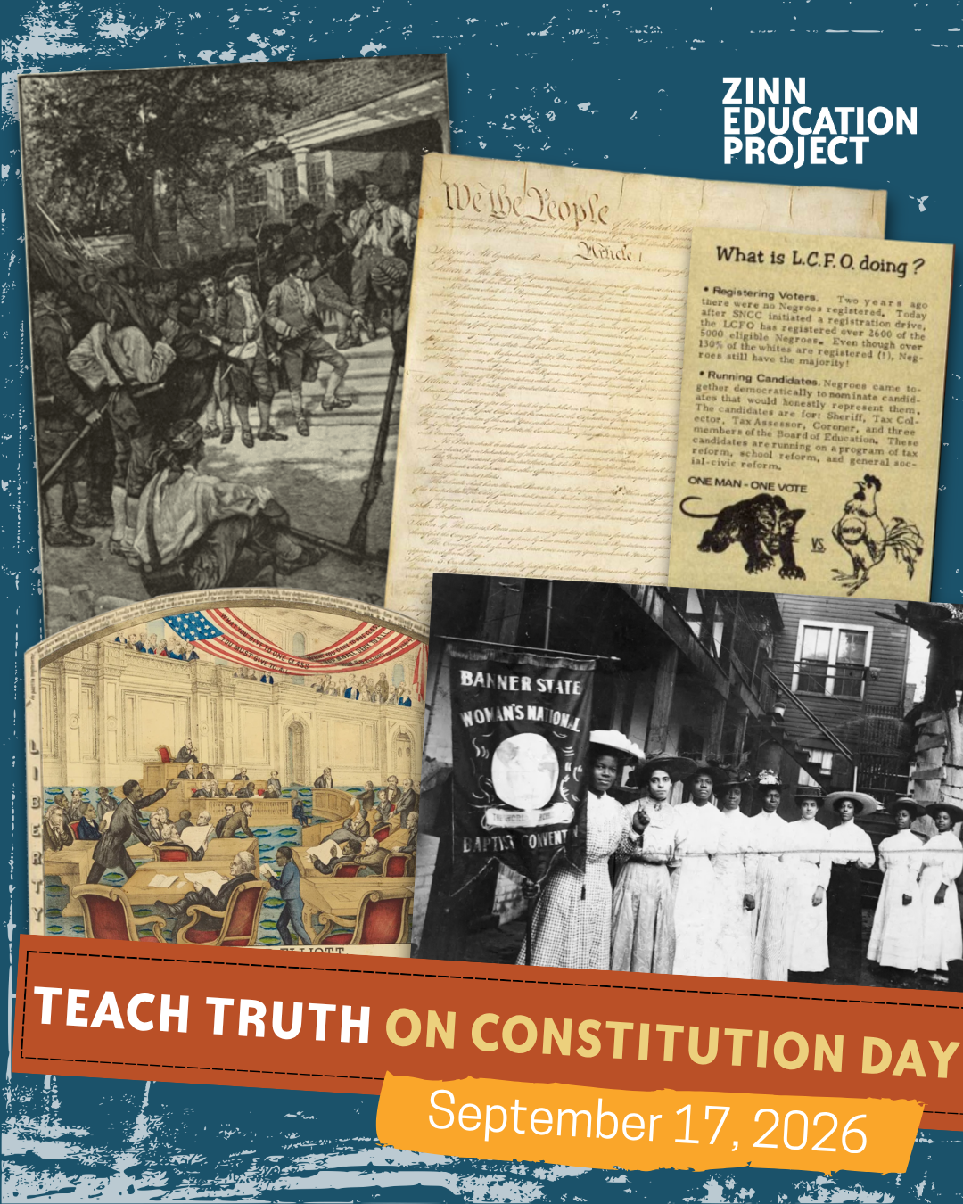 Teach truth on Constitution Day September 17, 2026 with historical documents on blue background