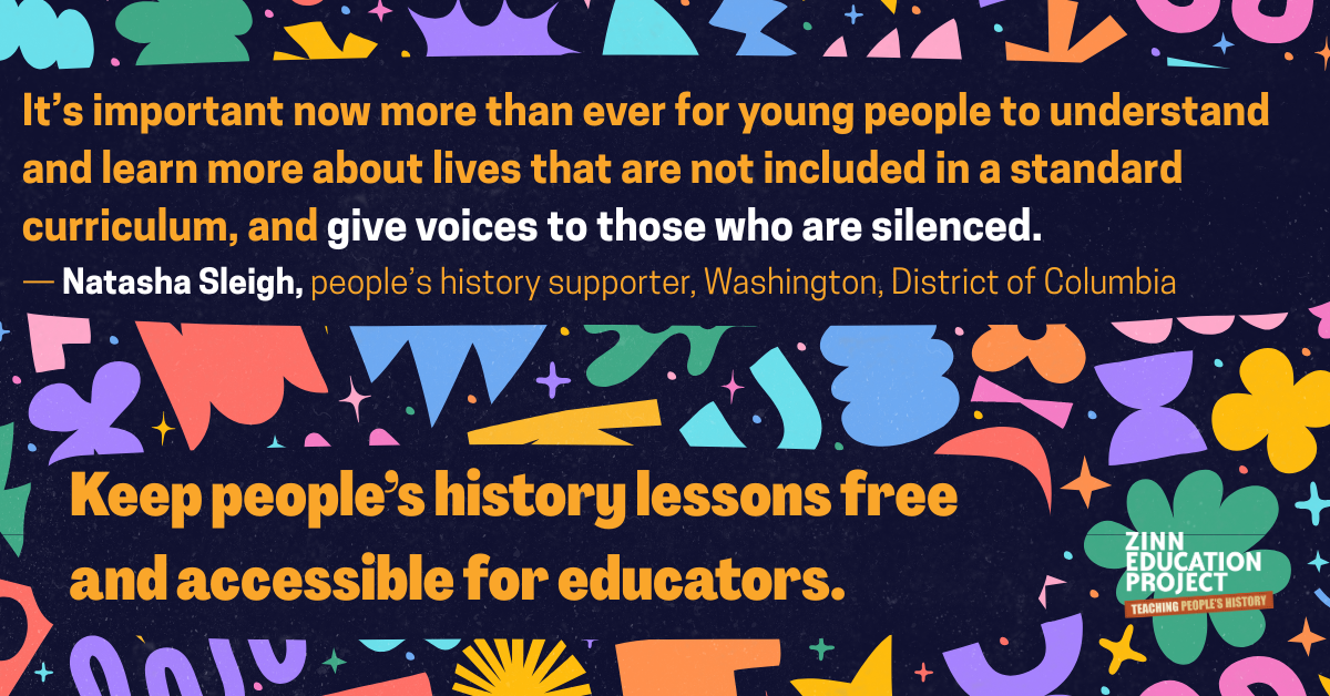 Donation appeal with abstract colorful designs keep people's history lessons free and accessible for educators.