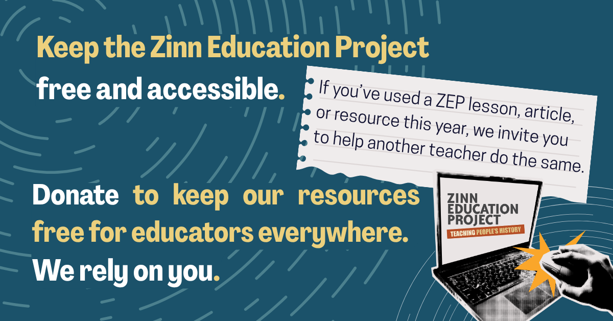 Keep the Zinn Education Project free and accessible with computer on blue background