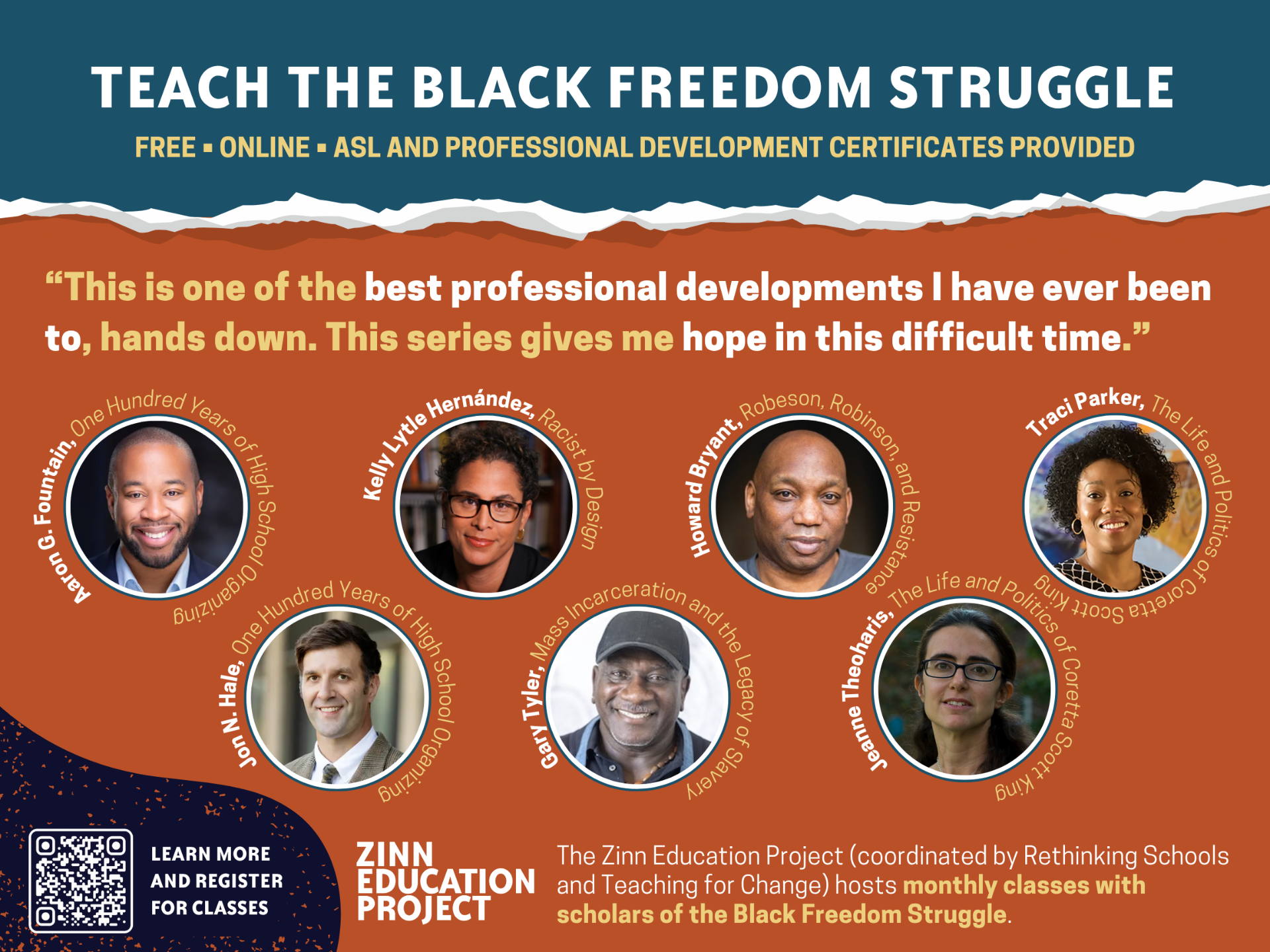 Teach the Black Freedom Struggle class announcement with headshots on orange background