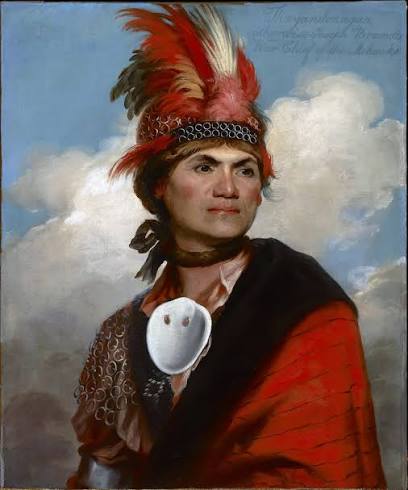 painting of man in red clothing in front of clouds and blue sky