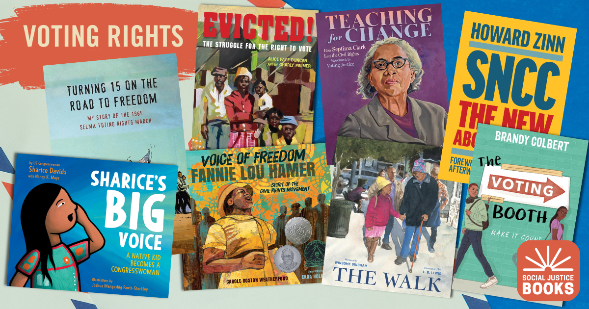 covers of books about voting rights on blue background