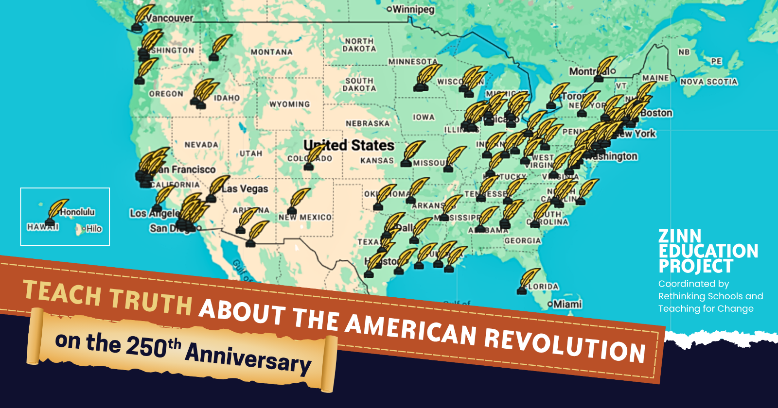 map with quills throughout U.S. teach truth about the American Revolution