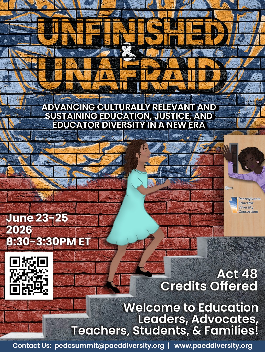 unfinished & unafraid poster with child climbing stairs and brick wall behind
