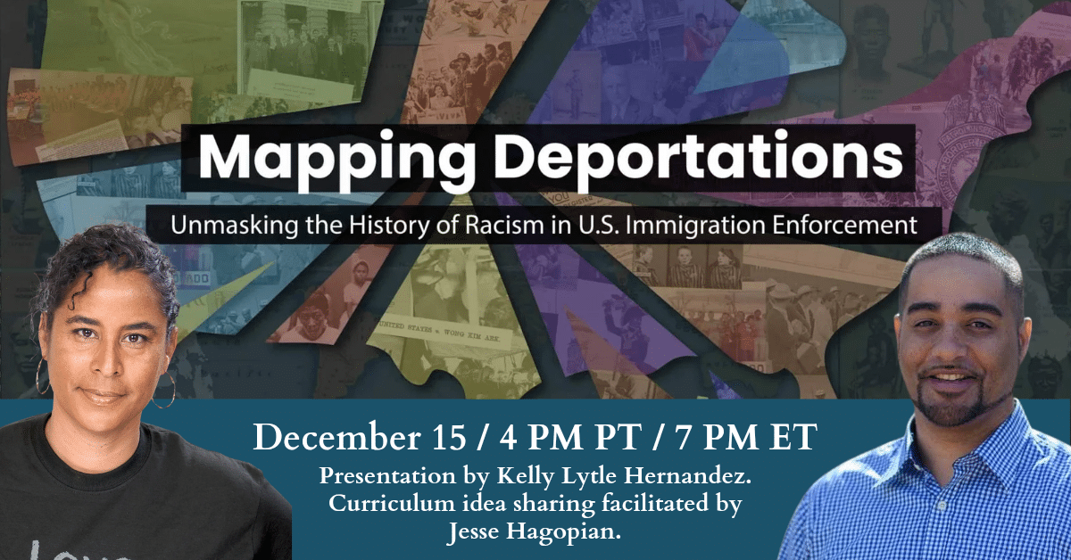 Graphic showing two people with the words Mapping Deportations: Unmasking the History of Racism in U.S. Immigration Enforcement between them, as well as the event date and time.